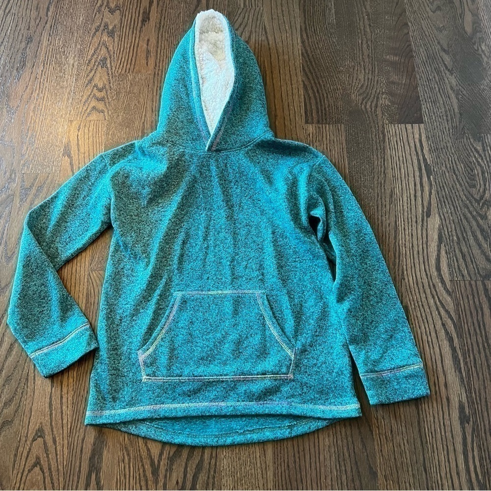 EUC girls Mudd pull over fleece hoodie. Size XXL 16 turquoise and rainbow thread